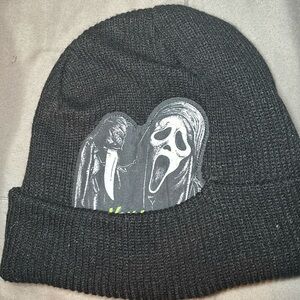 Ghost face beanie with secret message under the beanie flap.